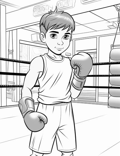 coloring pages for kids, a kid in full boxing gear in a boxing ring, cartoon style, thick lines, low detail, black and white, no shading, --ar 85:110