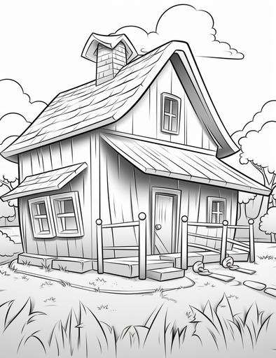coloring pages for kids, barn in farm, cartoon style, thick lines, low details, black and white, no shading, --ar 85:110