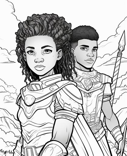 coloring pages for kids, black girls warriors, black boys warriors, cartoon style, thick lines, low details, no shading, son doong --ar 9:11