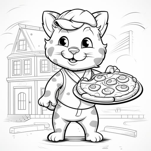 coloring pages for kids, cat delivering pizza, Funny, In the style of garfield, smiling, black and white, clean, Fine Lines, Low Detail, --ar 1:1