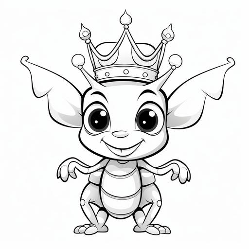 coloring pages for kids, cute ant with crown, cartoon style, black and white, no background, thick lines, low detail, no shading, ar 9:11