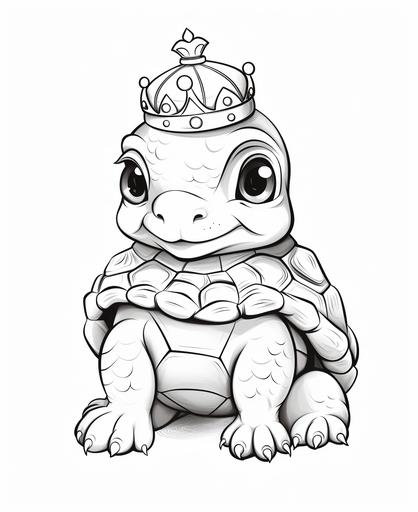 coloring pages for kids, cute baby tortoise with crown, cartoon style, black and white, no background, thick lines, low detail, no shading --ar 9:11