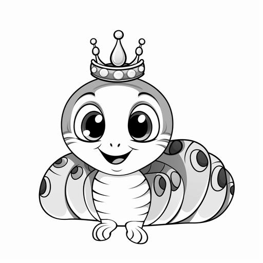 coloring pages for kids, cute caterpillar with crown, cartoon style, black and white, no background, thick lines, low detail, no shading, ar 9:11