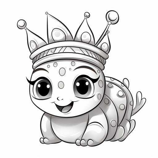 coloring pages for kids, cute caterpillar with crown, cartoon style, black and white, no background, thick lines, low detail, no shading, ar 9:11