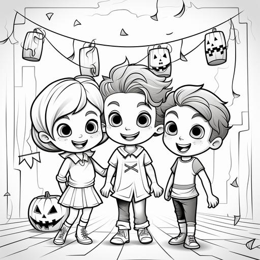 coloring pages for kids, cute kids hanging a happy halloween banner, disney cartoon style, thick lines, low detail, black and white, no shading ar 85:110