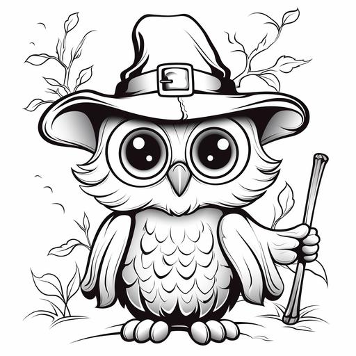 coloring pages for kids, cute owls with big eyes wearing a witch's hat ears are visible, do not include broom, disney caroon style, thick lines, low detail, black and white, no shading ar 85:110