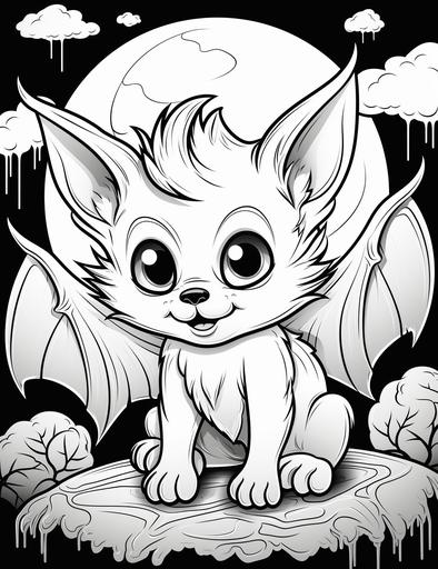 coloring pages for kids, cute werewolf moon bat, cartoon style, thick lines, low detail, black and white, no shading --ar 85:110