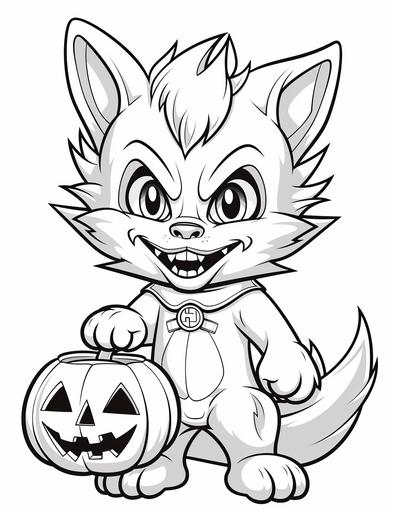 coloring pages for kids, cute werewolf with pumpkin cartoon style, thick lines, low detail, black and white, no shading --ar 85:110