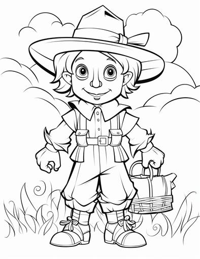 coloring pages for kids, cute wizard of oz scarecrow, cartoon style, thick lines, low detail, black and white, NO Shading, --ar 85:110