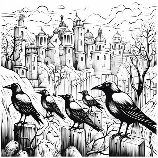 coloring pages for kids, flock of crow, graveyard, cartoon style, thick lines, low detail, black and white, no shading ar 85:110