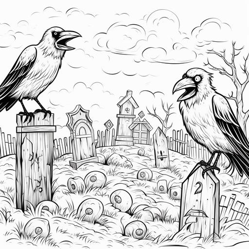 coloring pages for kids, flock of crow, graveyard, cartoon style, thick lines, low detail, black and white, no shading ar 85:110