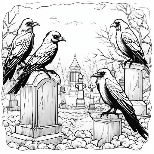 coloring pages for kids, flock of crow, graveyard, cartoon style, thick lines, low detail, black and white, no shading ar 85:110