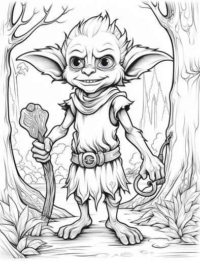 coloring pages for kids, fun goblins, cartoon style, thick lines, low detail, black and white, no shading, --ar 85:110