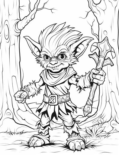 coloring pages for kids, fun goblins, cartoon style, thick lines, low detail, black and white, no shading, --ar 85:110