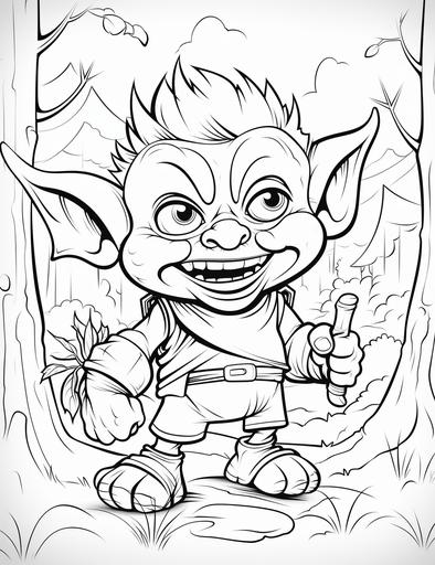 coloring pages for kids, fun goblins, cartoon style, thick lines, low detail, black and white, no shading, --ar 85:110