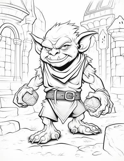 coloring pages for kids, fun goblins, cartoon style, thick lines, low detail, black and white, no shading, --ar 85:110