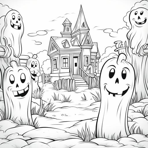 coloring pages for kids, ghosts in a graveyard, cartoon style, thick lines, low detail, black and white, no shading--ar85:110