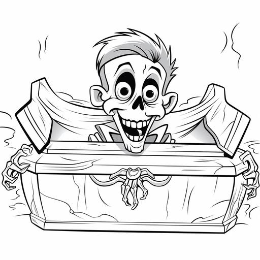 coloring pages for kids, halloween coffin, cartoon style, thick lines, low detail, black and white, no shading,