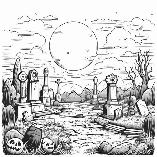 coloring pages for kids, hollowing moon, graveyard, cartoon style, thick lines, low detail, black and white, no shading ar 85:110