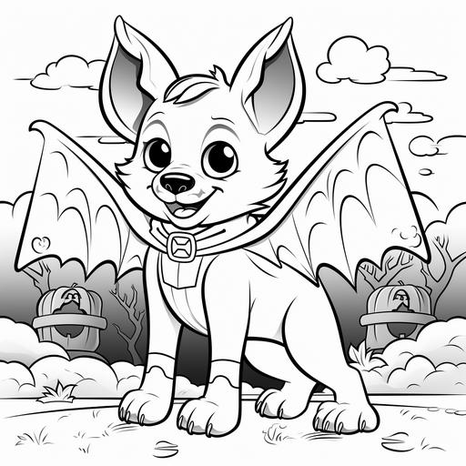 coloring pages for kids, husky dog dressed as a bat in a graveyard, cartoon style, thick lines, low detail, black and white, no shading--ar 85:110