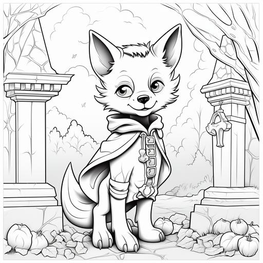 coloring pages for kids, husky dog dressed as a bat in a graveyard, cartoon style, thick lines, low detail, black and white, no shading--ar 85:110