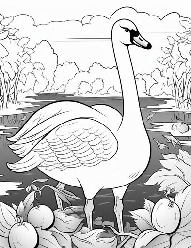 coloring pages for kids, lovely swan in farm, cartoon style, thick lines, low details, black and white, no shading, --ar 85:110