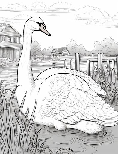 coloring pages for kids, lovely swan in farm, cartoon style, thick lines, low details, black and white, no shading, --ar 85:110