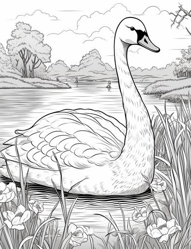 coloring pages for kids, lovely swan in farm, cartoon style, thick lines, low details, black and white, no shading, --ar 85:110