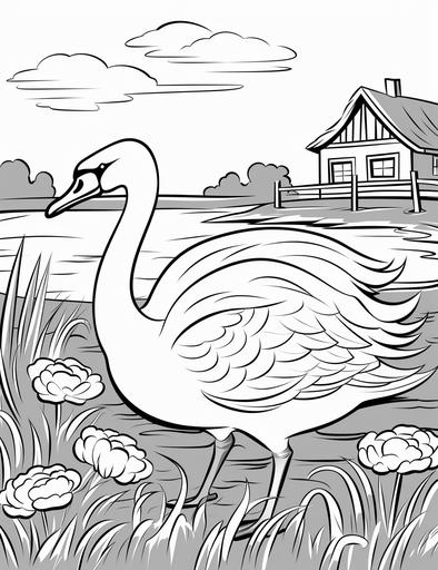 coloring pages for kids, lovely swan in farm, cartoon style, thick lines, low details, black and white, no shading, --ar 85:110