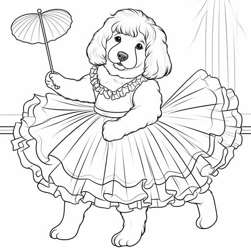 coloring pages for kids, newfoundland dog dressed as a ballerina halloween costumes, cartoon style, thick lines, low detail, black and white, no shading--ar 85:110