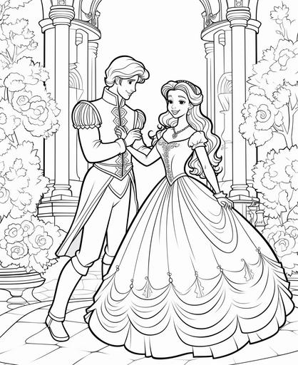 coloring pages for kids, princess and her knight dancing, cartoon lines, thick lines, low detail , no shading --ar 9:11