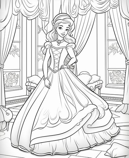 coloring pages for kids, princess in bedroom, cartoon lines, thick lines, medium detail , no shading --ar 9:11