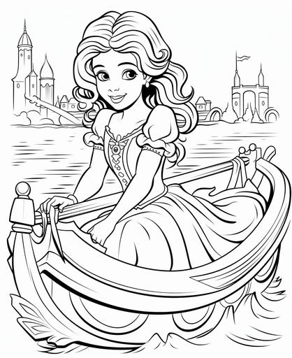 coloring pages for kids, princess on boat, cartoon lines, thick lines, low detail , no shading --ar 9:11