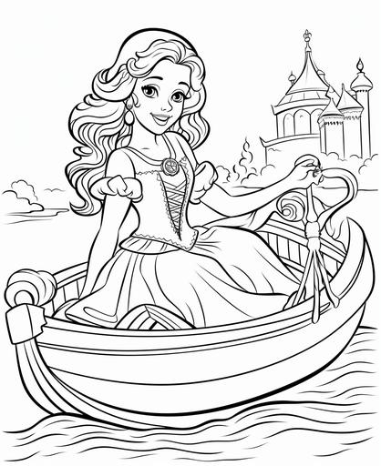 coloring pages for kids, princess on boat, cartoon lines, thick lines, low detail , no shading --ar 9:11
