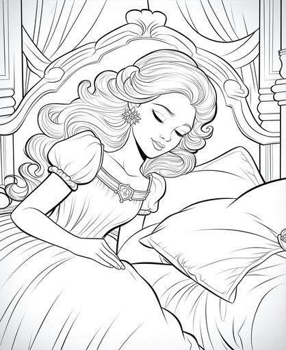 coloring pages for kids, princess sleeping, cartoon lines, thick lines, low detail , no shading --ar 9:11
