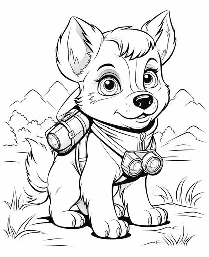 coloring pages for kids, puppy looking through binoculars, cartoon style, low detail, thick lines, no shading, --ar 9:11