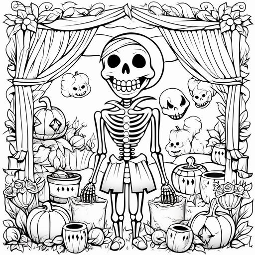 coloring pages for kids, skeletons and coffins halloween, cartoon style, thick lines, low detail, black and white, no shading--ar 85:110