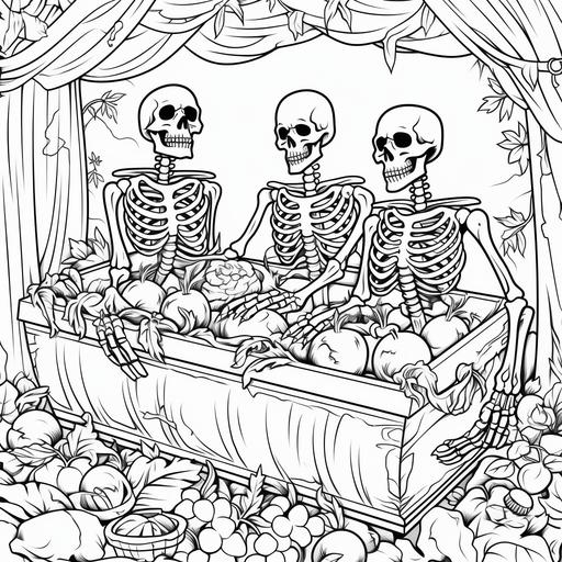 coloring pages for kids, skeletons and coffins halloween, cartoon style, thick lines, low detail, black and white, no shading--ar 85:110