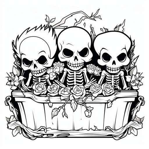 coloring pages for kids, skeletons with coffins halloween, cartoon style, thick lines, low detail, black and white, no shading--ar 85:110