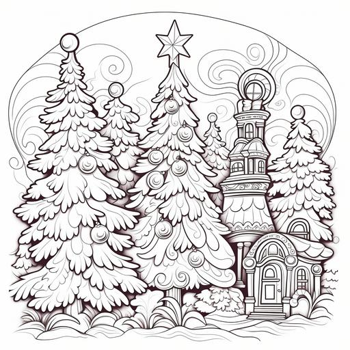 coloring pages for kids, traditional christmas trees, santas, bells, wreaths, thick lines, low details, low shading ar 9:11