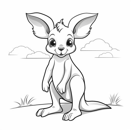 coloring pages for kids, very simple line, zero colors, cartoon kangaroo standing with a smile, kawai style