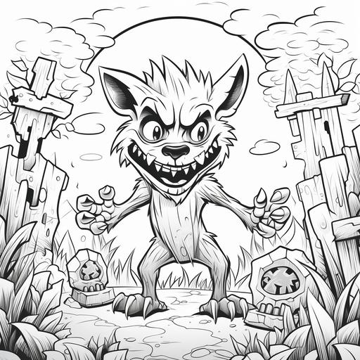 coloring pages for kids, werewolf, graveyard, cartoon style, thick lines, low detail, black and white, no shading ar 85:110