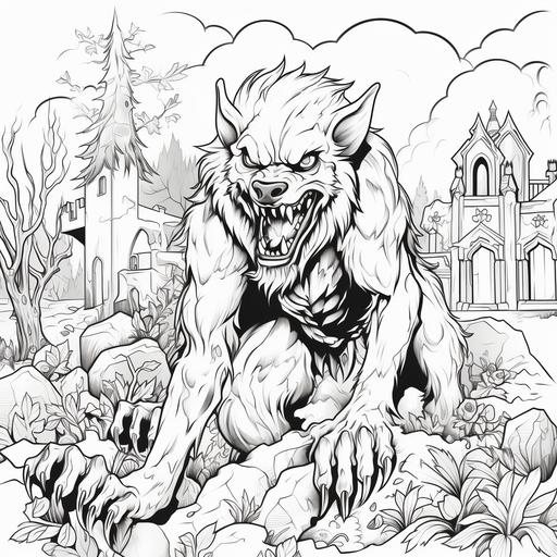 coloring pages for kids, werewolf, graveyard, cartoon style, thick lines, low detail, black and white, no shading ar 85:110