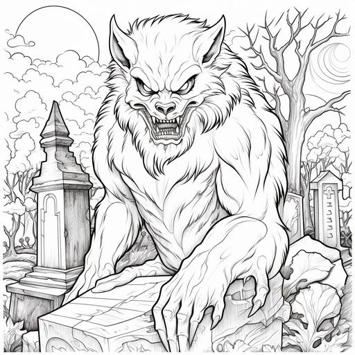 coloring pages for kids, werewolf, graveyard, cartoon style, thick lines, low detail, black and white, no shading ar 85:110