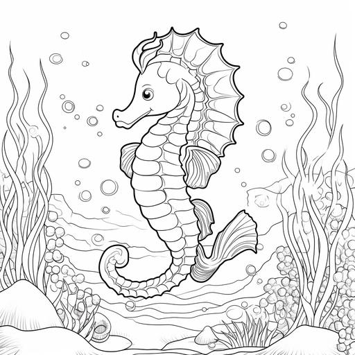 coloring pages for kids, white background, baby sea horse in ocean, cartoon style, thick lines, low detail, no shading--HD--ar 9:11