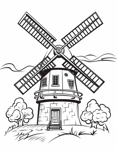 coloring pages for kids, windmill in farm, cartoon style, thick lines, low details, black and white, no shading, --ar 85:110