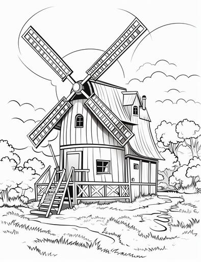 coloring pages for kids, windmill in farm, cartoon style, thick lines, low details, black and white, no shading, --ar 85:110