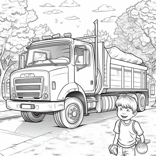 coloring pages for kids young boy playing with cartoon trash truck in town environment. thick lines low detail