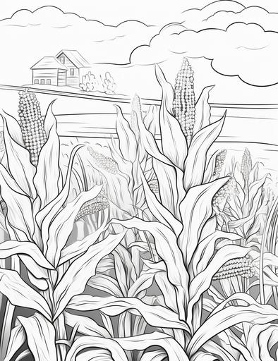 coloring pages for kids,corn in farm, cartoon style, thick lines, low details, black and white, no shading, --ar 85:110