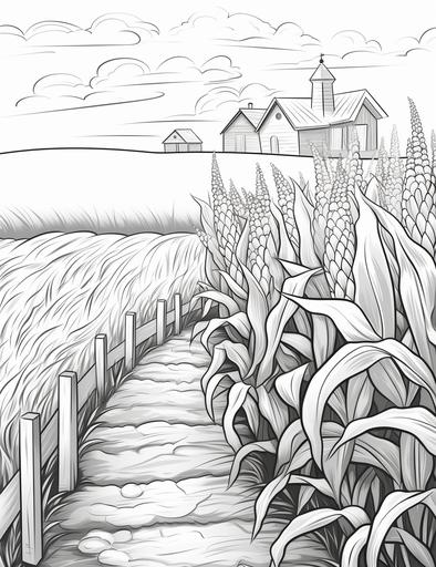 coloring pages for kids,corn in farm, cartoon style, thick lines, low details, black and white, no shading, --ar 85:110